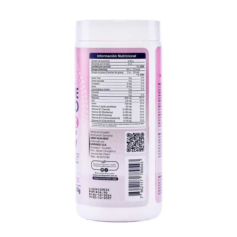 CITRATO DE MAGNESIO EN POLVO + CALCIO + ZINC + VITAMINAS POTE X 250G SABOR FRUTOS ROJOS