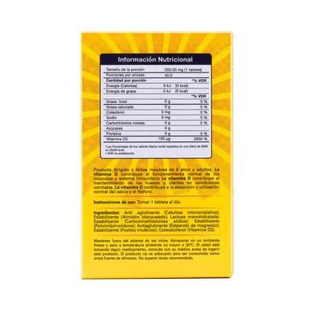 SUPLEMENTO NUTRICIONAL VITAMINA D3 TABLETA CAJA X 40 U